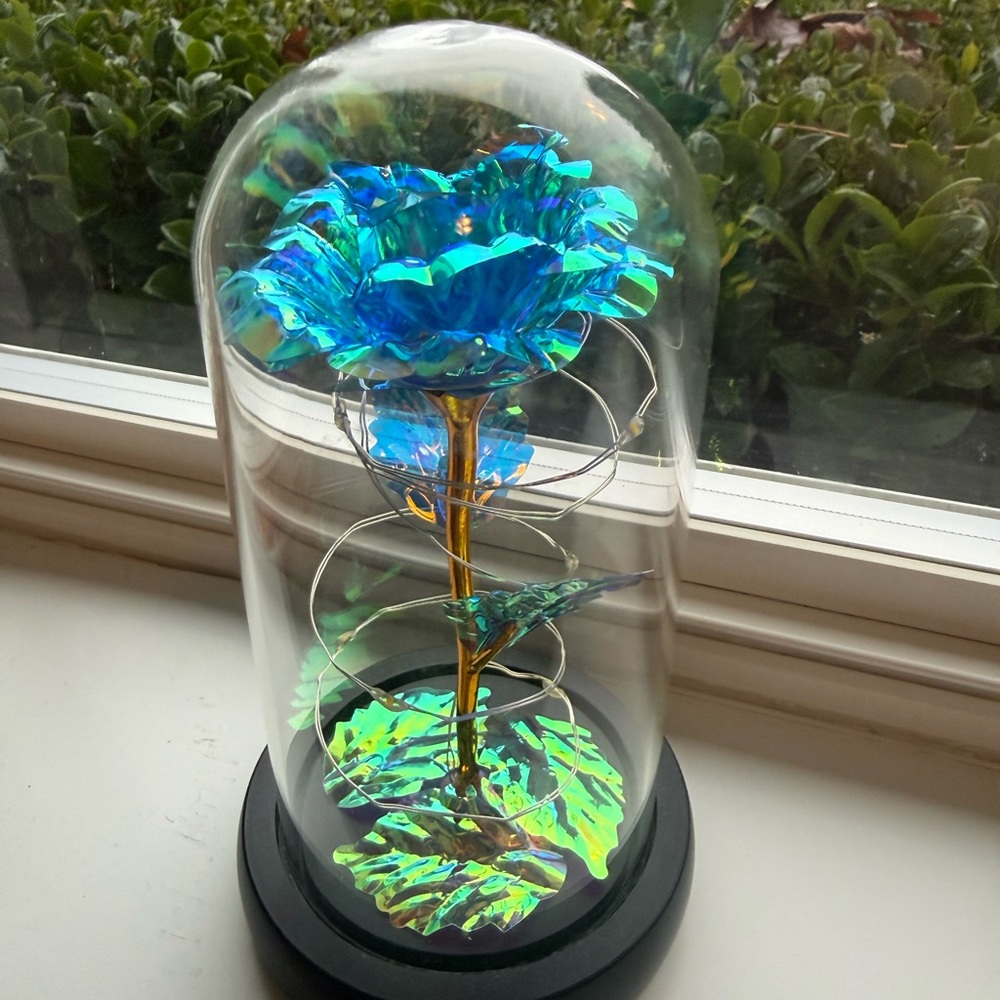 Iridescent Blue Rose in Glass Dome